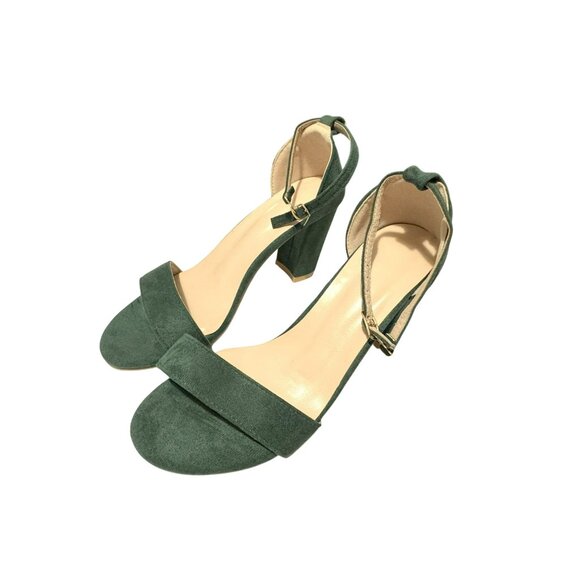 Open Toe Block Heel Ajustable Buckle Ankle Strap Forest Green Sandals Sz 8.5 39 - Picture 1 of 10